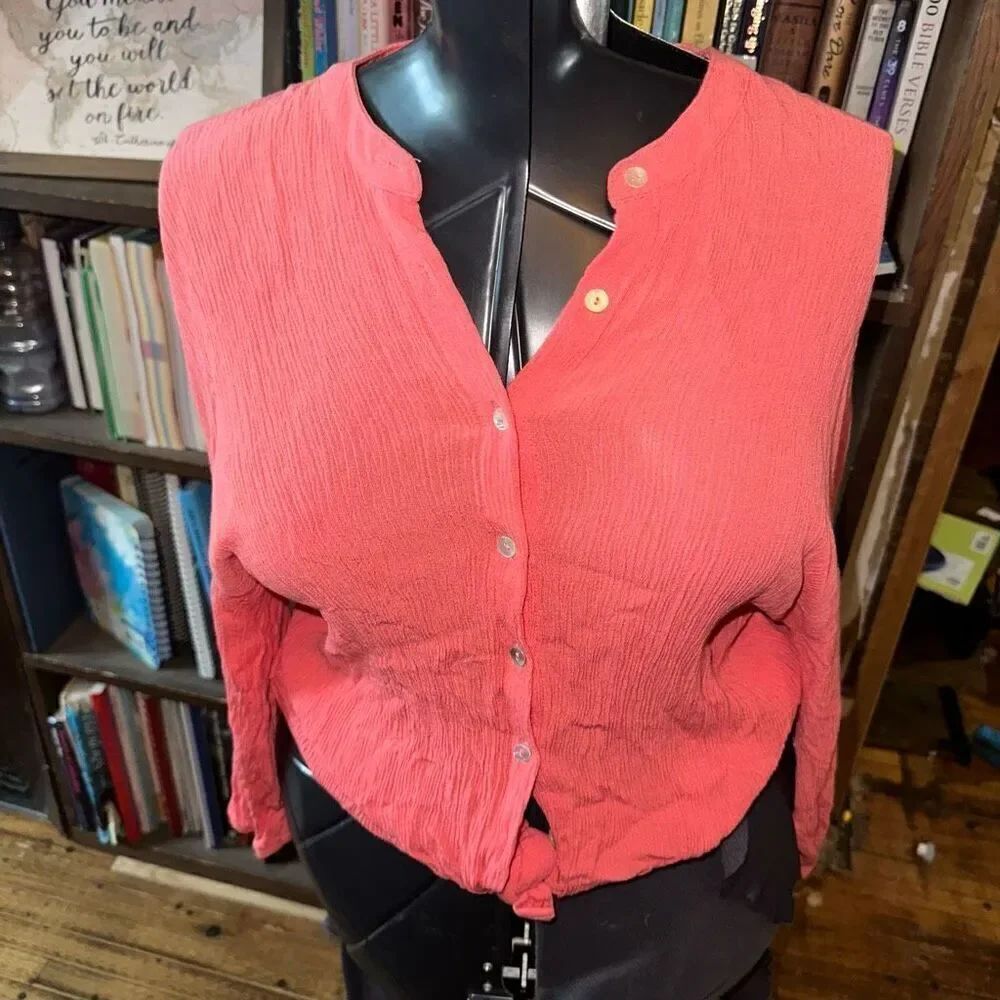 Z Supply S textured tie front coral pink button down beachy top